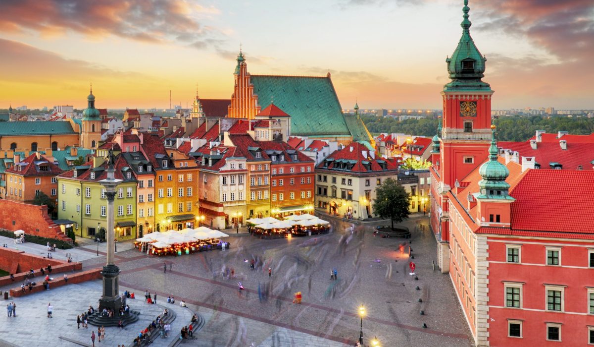 Night panorama of Old Town in Warsaw, Poland