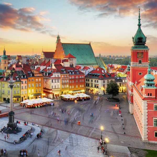 Night panorama of Old Town in Warsaw, Poland